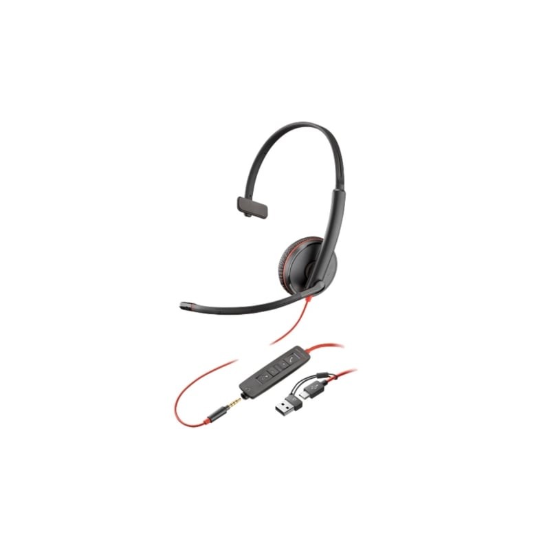 Auricular poly blackwire 3215 + adaptador usb-c/a/ con micrófono/ jack 3.5mm/ negro