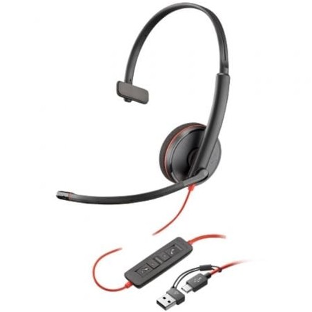 Auricular poly blackwire 3210 + adaptador usb-c/a/ con micrófono/ usb tipo-c/ bulk/ negro