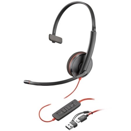 Auricular poly blackwire 3210 + adaptador usb-c/a/ con micrófono/ usb tipo-c/ negro