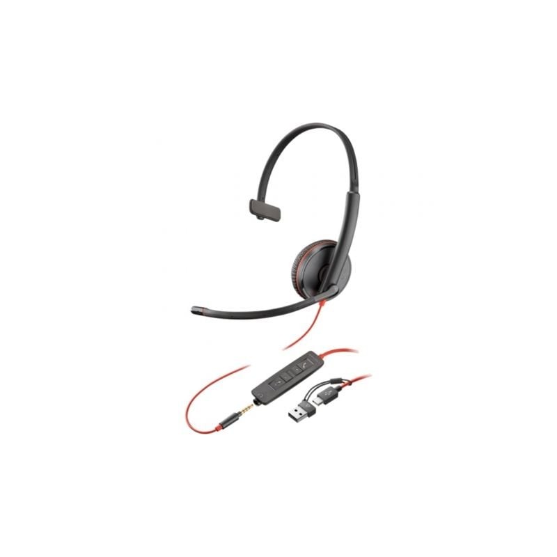 Auricular poly blackwire 3215 + 3.5mm + adaptador usb-c/a/ con micrófono/ jack 3.5 - usb tipo-c/ bulk/ negro