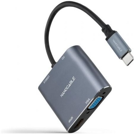 Conversor nanocable 10.16.4304/ usb tipo-c macho/ hdmi 4k hembra - vga hembra - usb tipo-c pd hembra - usb hembra/ 15cm/ gris