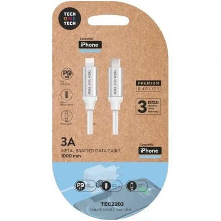 Cable usb tipo-c lightning tech one tech tec2203/ lightning macho - usb tipo-c macho/ hasta 20w/ 480mbps/ 1m/ blanco