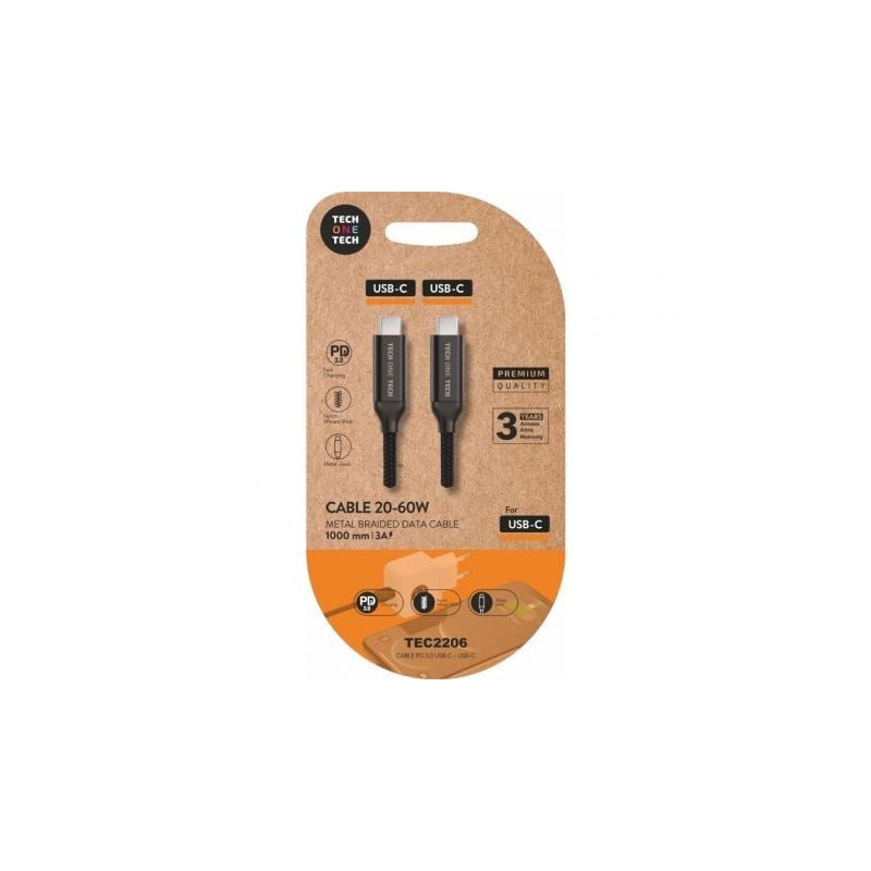 Cable usb 2.0 tipo-c tech one tech tec2206/ usb tipo-c macho - usb tipo-c macho/ hasta 60w/ 480mbps/ 1m/ negro