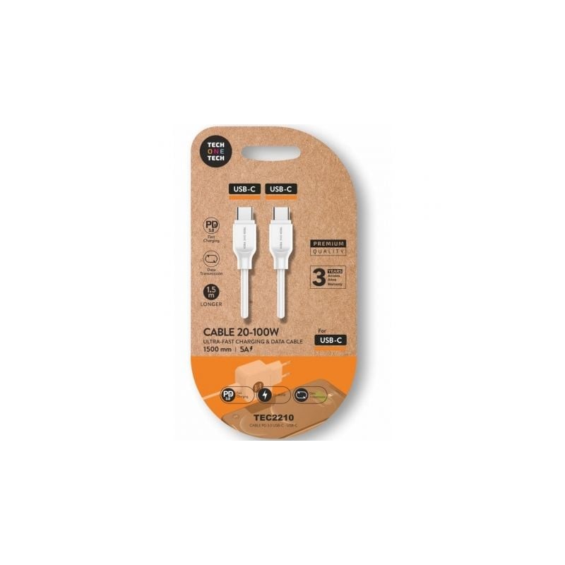Cable usb 2.0 tipo-c tech one tech tec2210/ usb tipo-c macho - usb tipo-c macho/ hasta 100w/ 480mbps/ 1.5m/ blanco