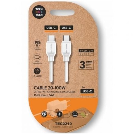Cable usb 2.0 tipo-c tech one tech tec2210/ usb tipo-c macho - usb tipo-c macho/ hasta 100w/ 480mbps/ 1.5m/ blanco