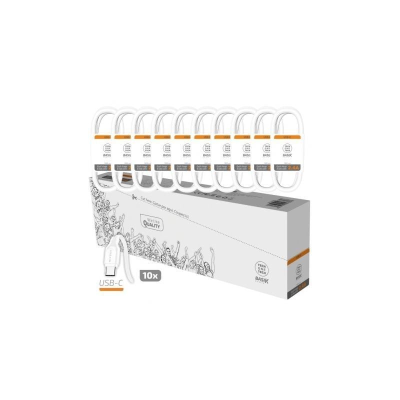 Pack 10 cables usb 2.0 tech one tech basik tec2953/ usb macho - usb tipo-c macho/ 1m/ blanco