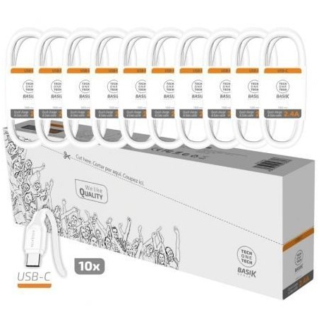 Pack 10 cables usb 2.0 tech one tech basik tec2953/ usb macho - usb tipo-c macho/ 1m/ blanco
