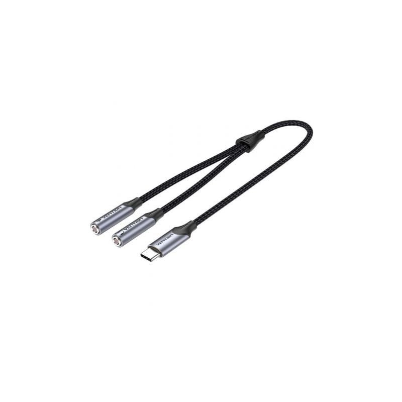 Cable conversor usb tipo-c vention bgphy/ usb tipo-c macho - 2x jack 3.5 hembra/ 30cm/ gris