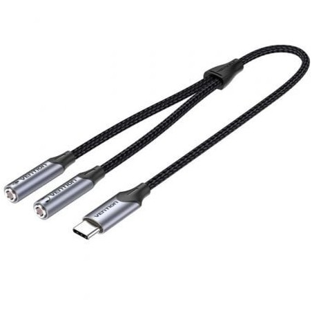 Cable conversor usb tipo-c vention bgphy/ usb tipo-c macho - 2x jack 3.5 hembra/ 30cm/ gris