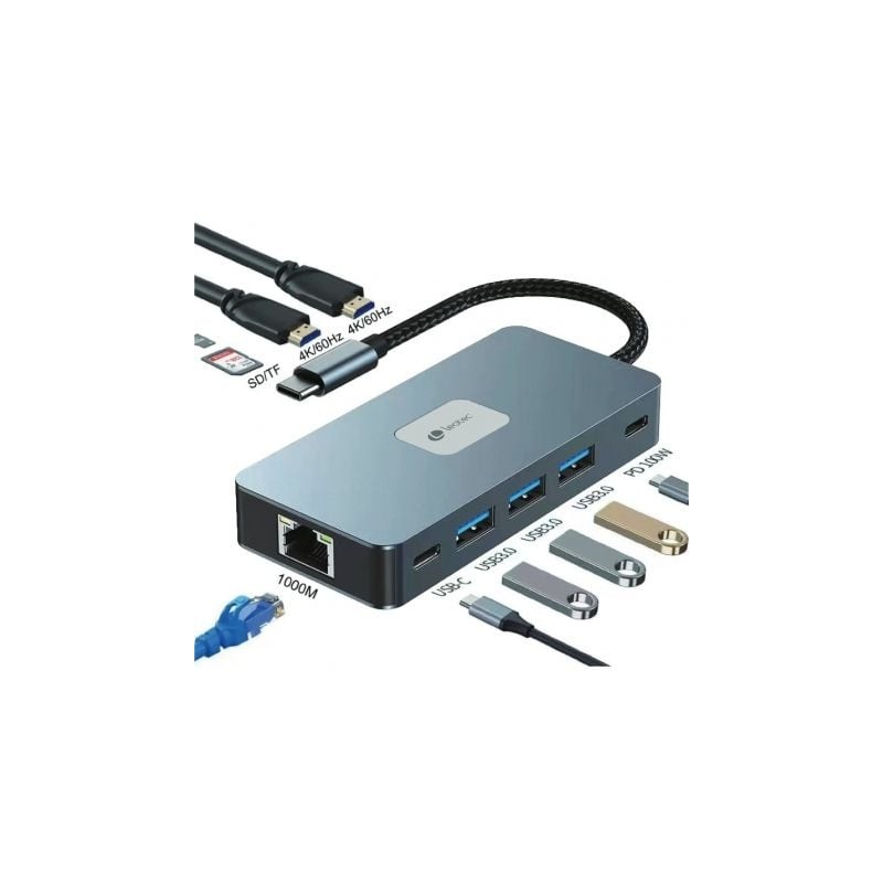 Docking usb tipo-c leotec leds02/ 3xusb/ 1xusb tipo-c/ 1xusb tipo-c pd/ 2xhdmi 4k/ 1xrj45/ 1xlector tarjetas sd y microsd/ gris