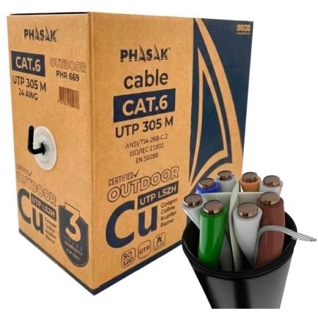 Bobina de cable rj45 utp phasak phr 669 cat.6/ 305m/ gris