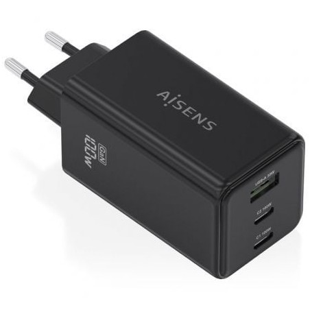Cargador de pared gan aisens asch-100w3p052-bk/ 2xusb tipo-c/ 1xusb/ 100w