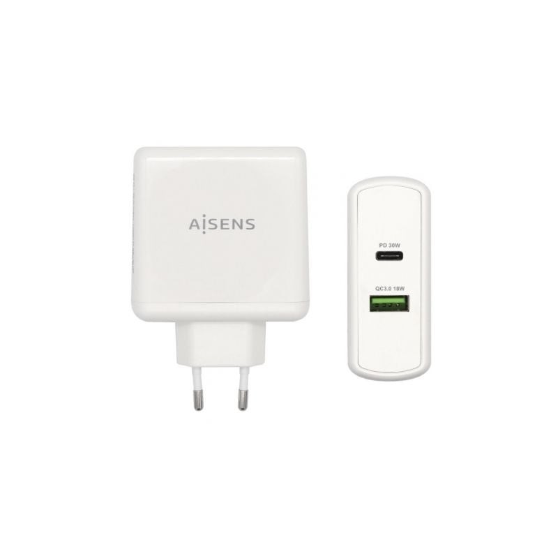 Cargador de pared aisens asch-2pd30qc-w/ 1xusb tipo-c/ 1x usb/ 48w