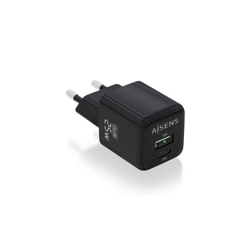 Cargador de pared gan aisens asch-25w2p015-bk/ 1xusb tipo-c/ 1xusb/ 25w