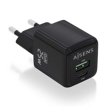 Cargador de pared gan aisens asch-25w2p015-bk/ 1xusb tipo-c/ 1xusb/ 25w