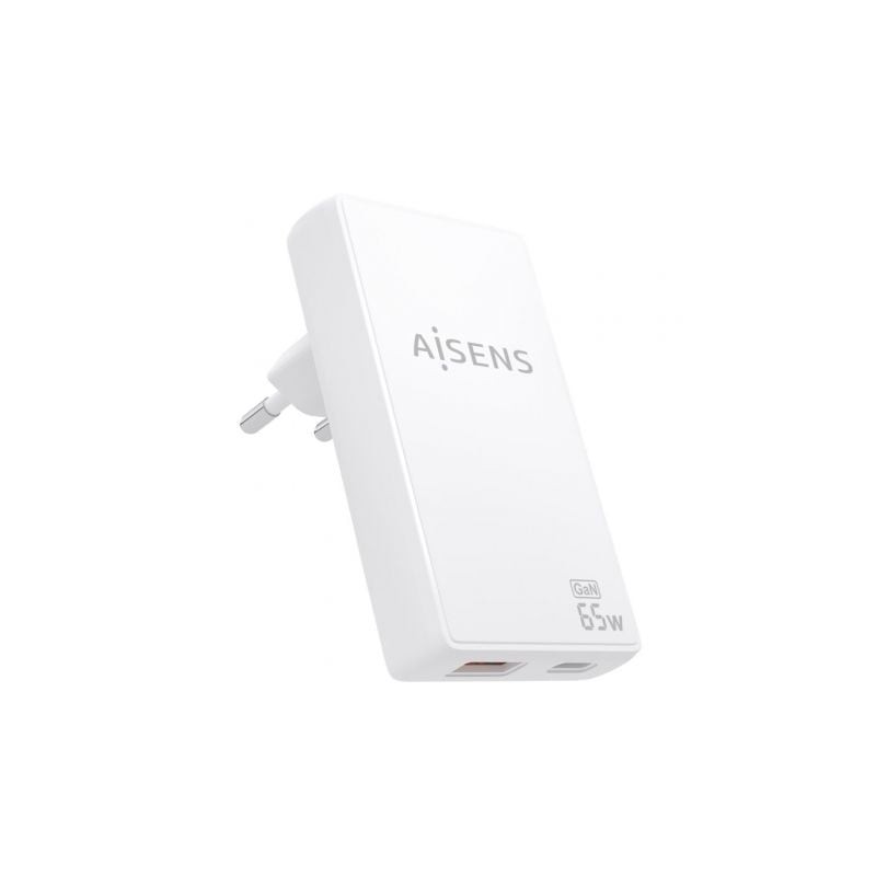 Cargador de pared gan aisens asch-65w2p076-w/ 1xusb tipo-c/ 1xusb/ 65w/ blanco