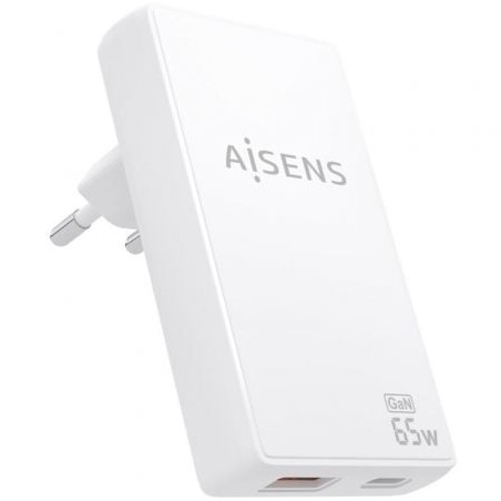Cargador de pared gan aisens asch-65w2p076-w/ 1xusb tipo-c/ 1xusb/ 65w/ blanco