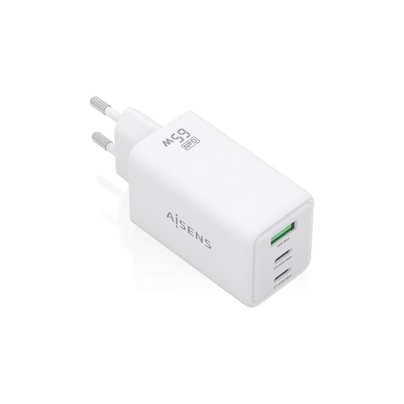 Cargador de pared gan aisens asch-65w3p072-w/ 2xusb tipo-c/ 1xusb/ 65w/ blanco