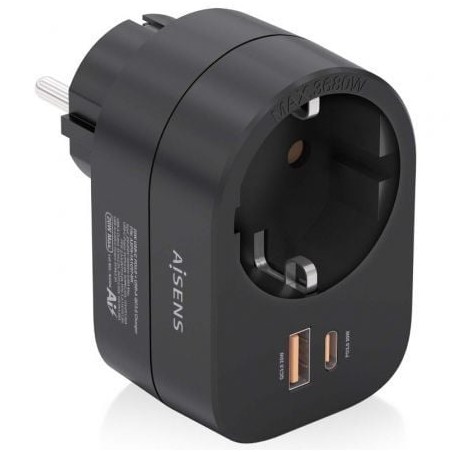 Enchufe aisens asps-1a1c07-bk/ 1 toma de corriente/ 1 usb tipo-c pd/ 1 usb/ negro
