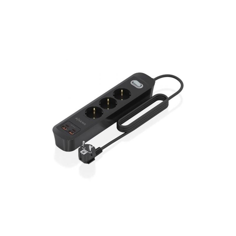 Regleta con interruptor aisens asps-2a2c11-bk/ 3 tomas de corriente/ 2 usb - 2 usb tipo-c/ cable 1.4m/ negro