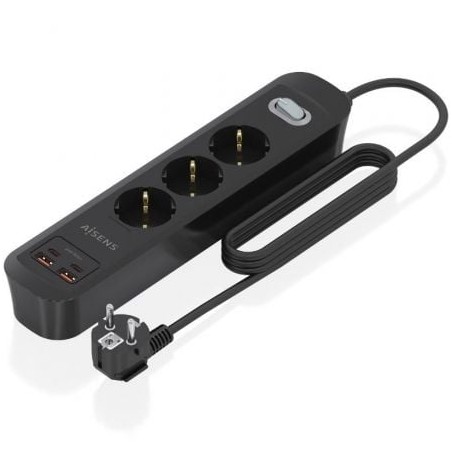 Regleta con interruptor aisens asps-2a2c11-bk/ 3 tomas de corriente/ 2 usb - 2 usb tipo-c/ cable 1.4m/ negro