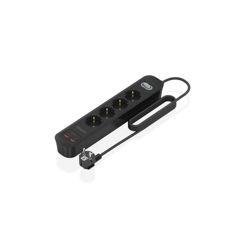 Regleta con interruptor aisens asps-2a2c13-bk/ 4 tomas de corriente/ 2 usb - 2 usb tipo-c/ cable 1.4m/ negro