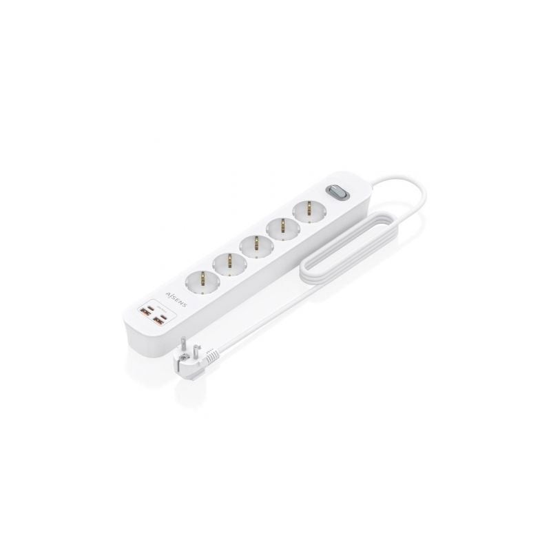 Regleta con interruptor aisens asps-2a2c14-w/ 5 tomas de corriente/ 2 usb - 2 usb tipo-c/ cable 1.4m/ blanco
