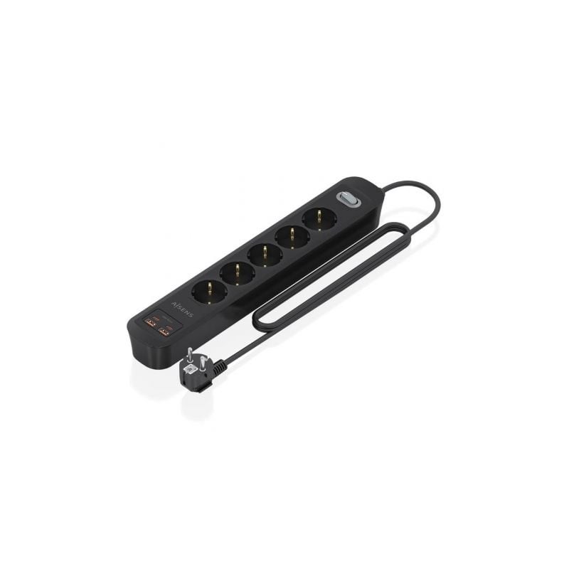 Regleta con interruptor aisens asps-2a2c15-bk/ 5 tomas de corriente/ 2 usb - 2 usb tipo-c/ cable 1.4m/ negro