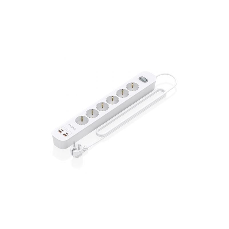Regleta con interruptor aisens asps-2a2c16-w/ 6 tomas de corriente/ 2 usb - 2 usb tipo-c/ cable 1.4m/ blanco