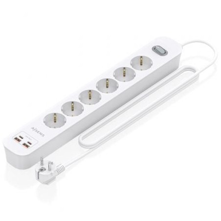 Regleta con interruptor aisens asps-2a2c16-w/ 6 tomas de corriente/ 2 usb - 2 usb tipo-c/ cable 1.4m/ blanco