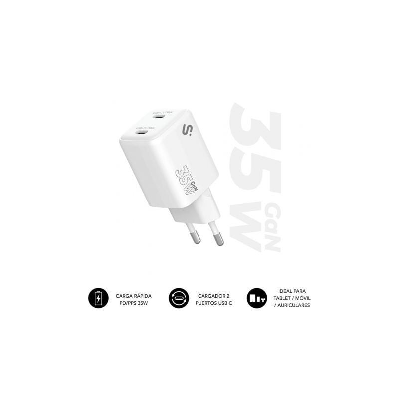 Cargador de pared gan subblim 35w charger usb c+c/ 2xusb tipo-c/ 35w