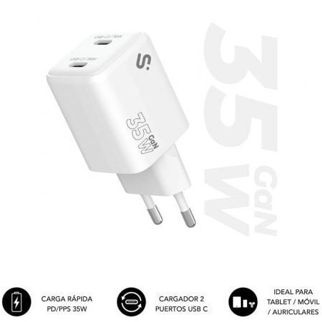 Cargador de pared gan subblim 35w charger usb c+c/ 2xusb tipo-c/ 35w