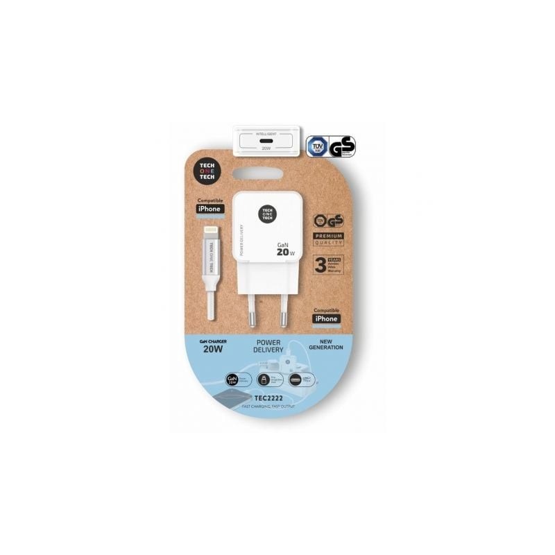 Cargador de pared tech one tech tec2222/ 1xusb tipo-c + cable lightning/ 20w/ blanco