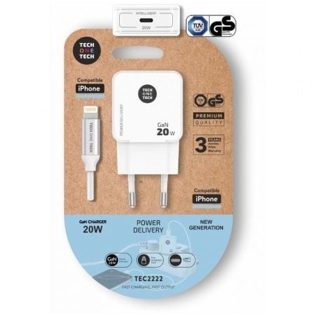 Cargador de pared tech one tech tec2222/ 1xusb tipo-c + cable lightning/ 20w/ blanco