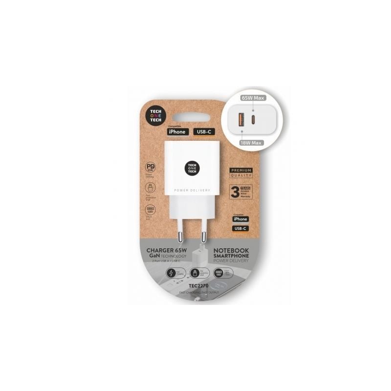 Cargador de pared gan tech one tech gan tec2270/ 1xusb tipo-c/ 1xusb/ 65w/ blanco