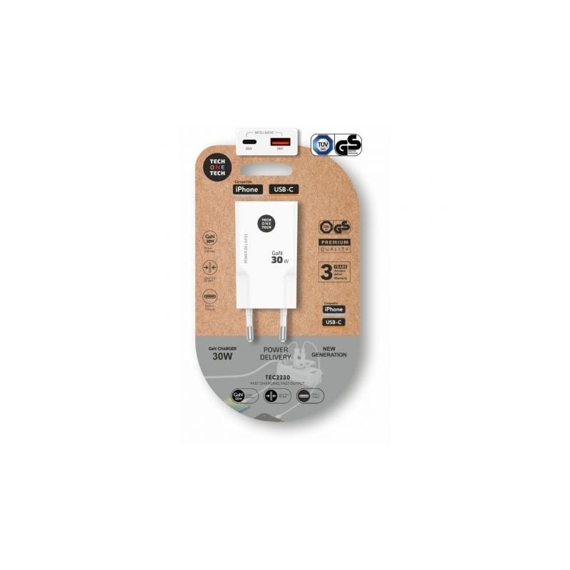 Cargador de pared gan tech one tech gan tec2230/ 1xusb tipo-c/ 1xusb/ 30w/ blanco