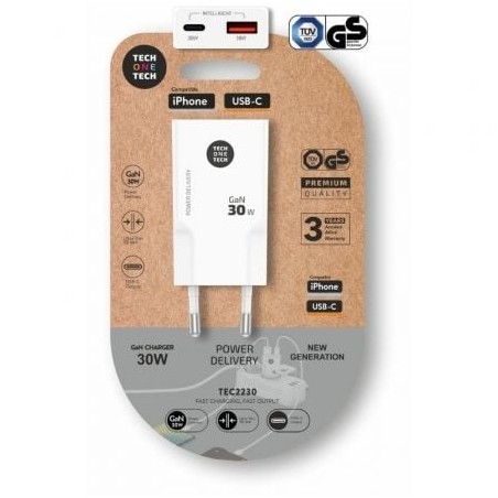 Cargador de pared gan tech one tech gan tec2230/ 1xusb tipo-c/ 1xusb/ 30w/ blanco