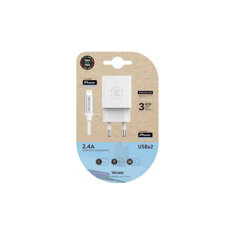 Cargador de pared tech one tech tec2402/ 2xusb + cable lightning/ 12w/ blanco