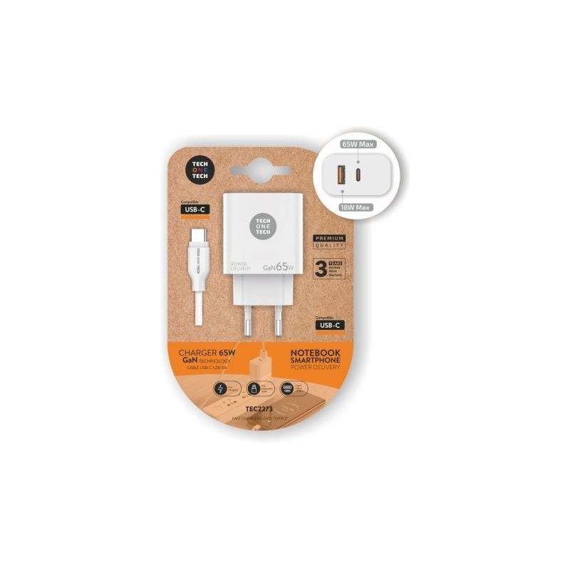 Cargador de pared gan tech one tech pd tec2273 / 1xusb tipo-c/ 1xusb/ 65w