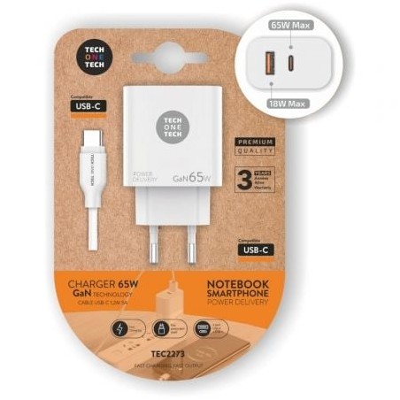 Cargador de pared gan tech one tech pd tec2273 / 1xusb tipo-c/ 1xusb/ 65w