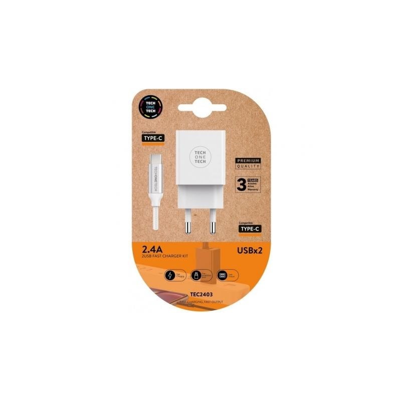 Cargador de pared tech one tech tec2403/ 2xusb + cable usb tipo-c/ 12w/ blanco