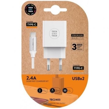 Cargador de pared tech one tech tec2403/ 2xusb + cable usb tipo-c/ 12w/ blanco