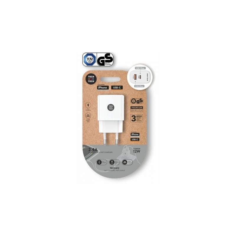 Cargador de pared tech one tech tec2412/ 1xusb tipo-c/ 1xusb/ 12w/ blanco