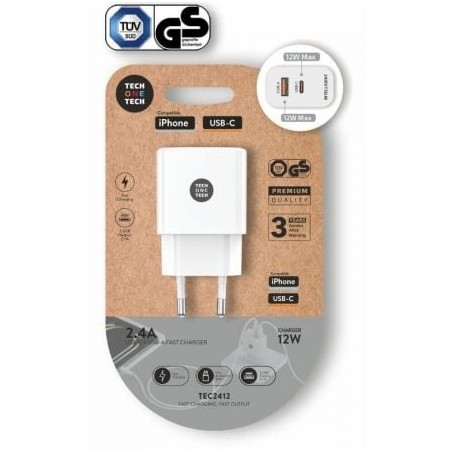 Cargador de pared tech one tech tec2412/ 1xusb tipo-c/ 1xusb/ 12w/ blanco