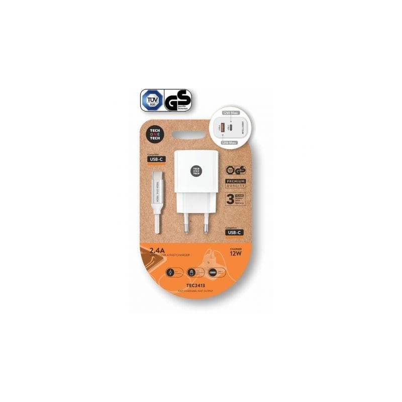 Cargador de pared tech one tech tec2413/ 1xusb tipo-c/ 1xusb + cable usb tipo-c/ 12w/ blanco