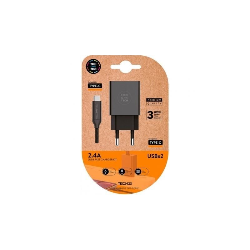 Cargador de pared tech one tech tec2423/ 2xusb + cable usb tipo-c/ 12w/ negro