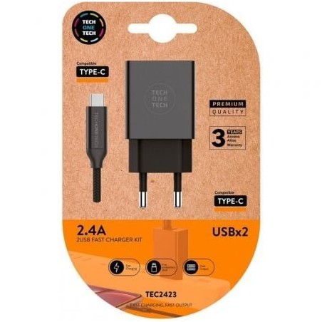 Cargador de pared tech one tech tec2423/ 2xusb + cable usb tipo-c/ 12w/ negro