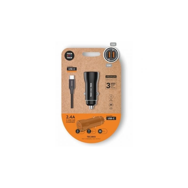 Cargador de coche tech one tech tec2803/ 2xusb + cable usb tipo-c/ 12w