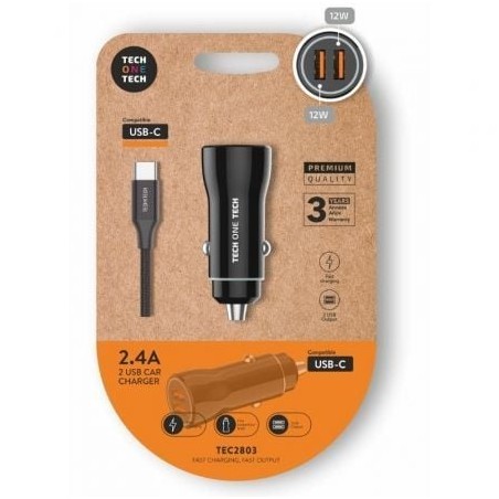 Cargador de coche tech one tech tec2803/ 2xusb + cable usb tipo-c/ 12w