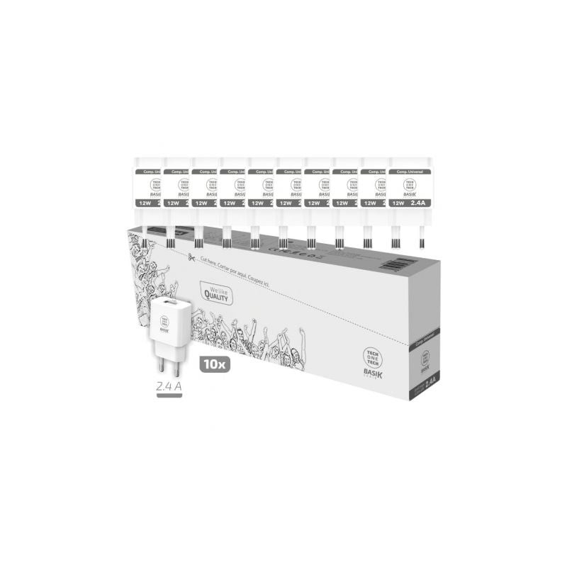 Pack 10 cargadores de pared tech one tech basik tec2954/ 1xusb/ 12w